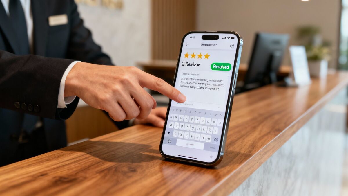 A professional is managing customer reviews on a smartphone, showing a 3-star rating and 'Resolved' status on a wooden counter.