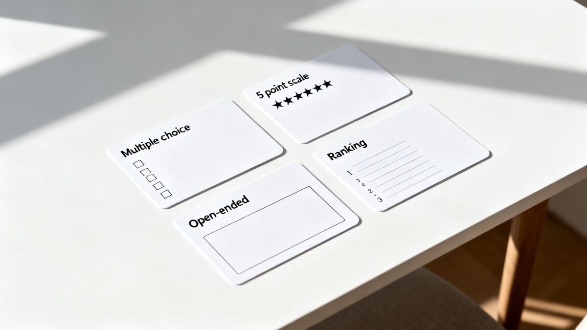 Four white cards on a table displaying various survey question types and formats.