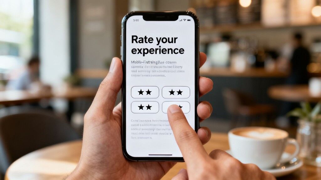 A person rates their experience on a smartphone app with star icons in a cafe setting.