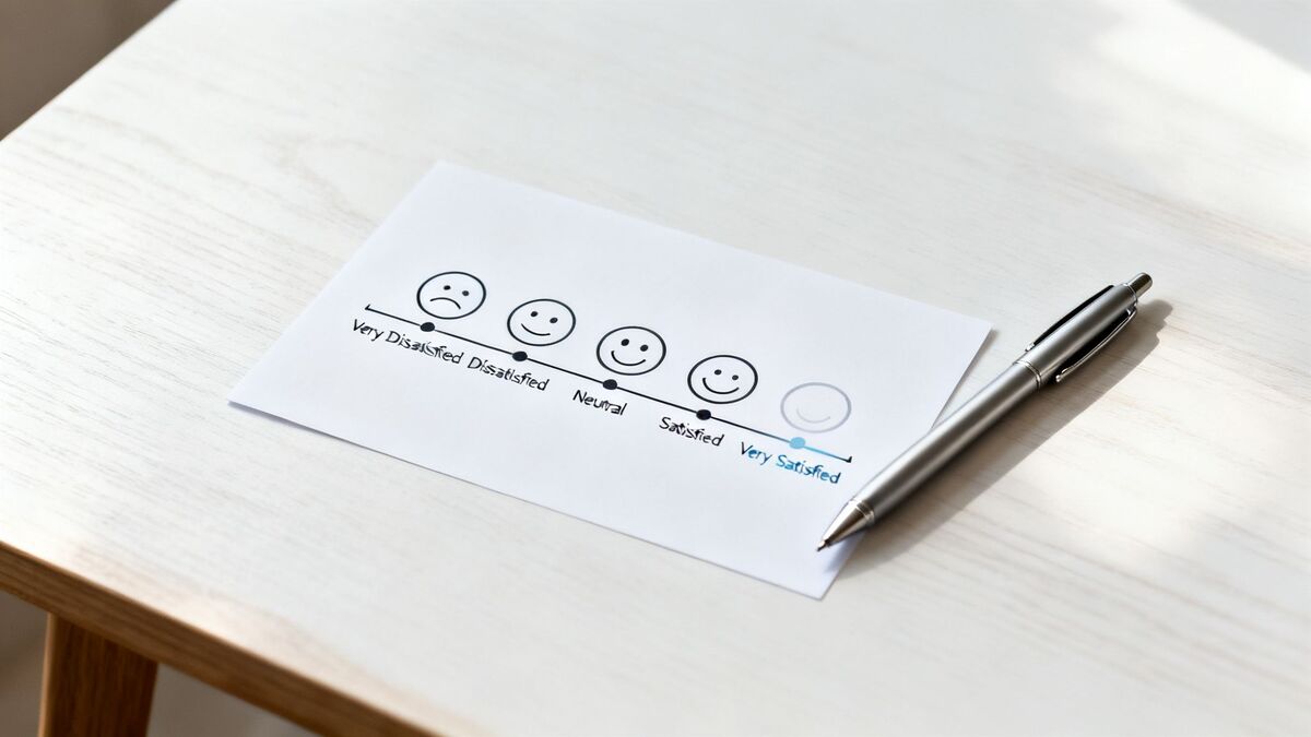 A paper survey displaying a Likert scale for customer satisfaction with 'Very Satisfied' selected, next to a pen on a table.