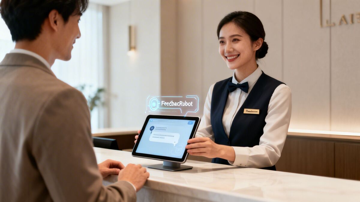 A hotel staff member presents a tablet with a FeedbackRobot interface to a smiling customer.