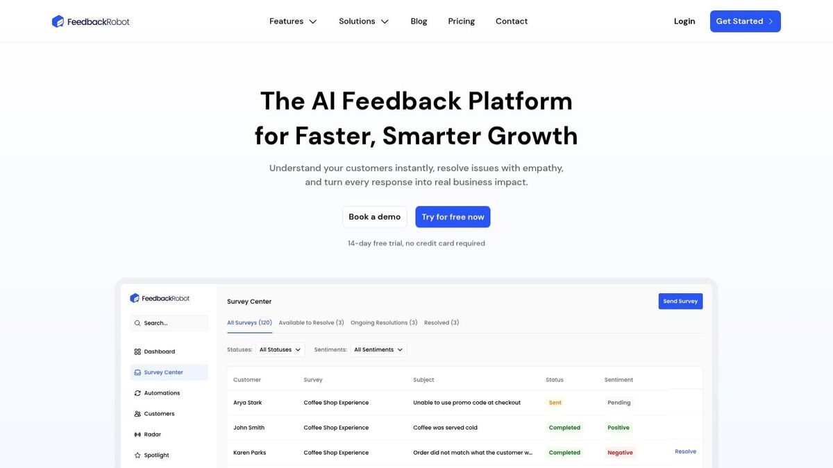 A screenshot of the FeedbackRobot dashboard showing customer feedback analytics and review management tools, demonstrating its capability as a feedback operating system.