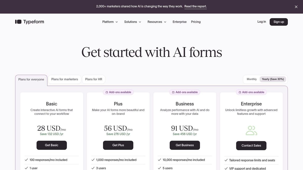Typeform pricing plans showing Basic, Plus, and Business tiers