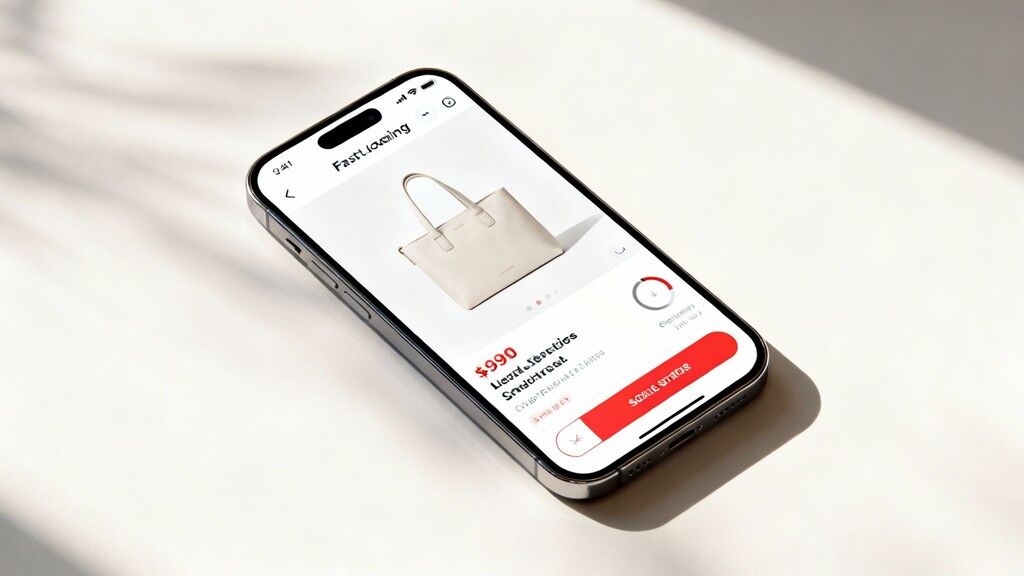A person using a smartphone to shop on a sleek, fast-loading ecommerce website.