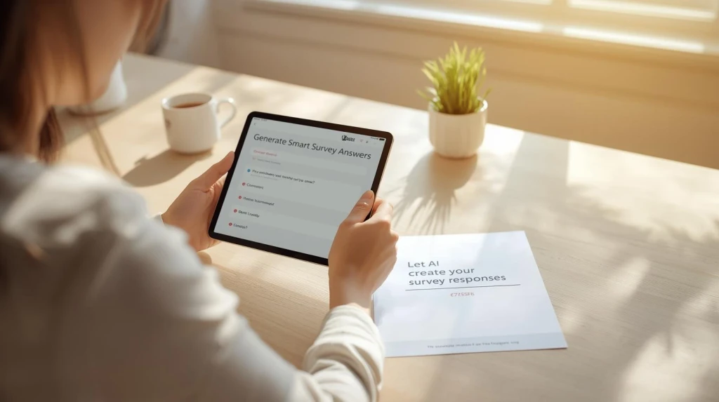 Person using tablet to view AI survey answer generator tools in bright modern workspace