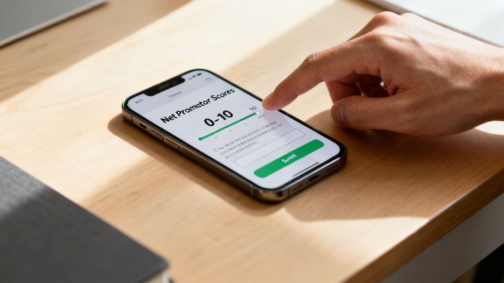 Person's hand tapping a smartphone screen displaying a Net Promoter Score survey with a score of 10.