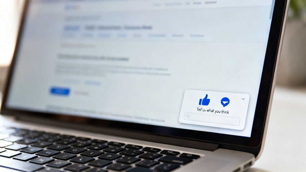 A close-up of a laptop screen showing a 'Tell us what you think' customer feedback widget.
