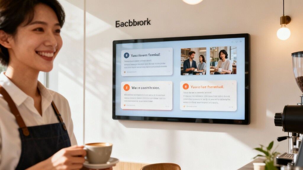 Smiling barista holding a coffee cup in a modern cafe with a digital screen displaying information and images.
