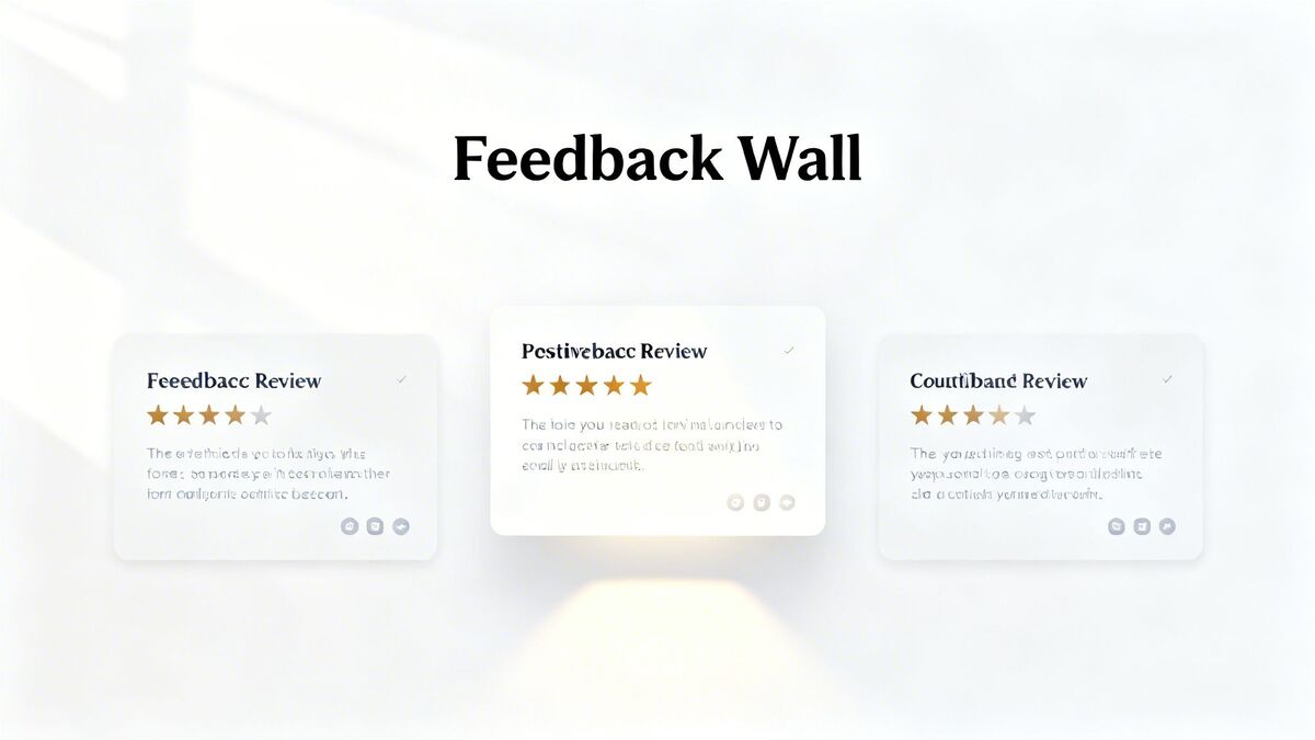 A feedback wall displaying three customer review cards with star ratings and placeholder text.