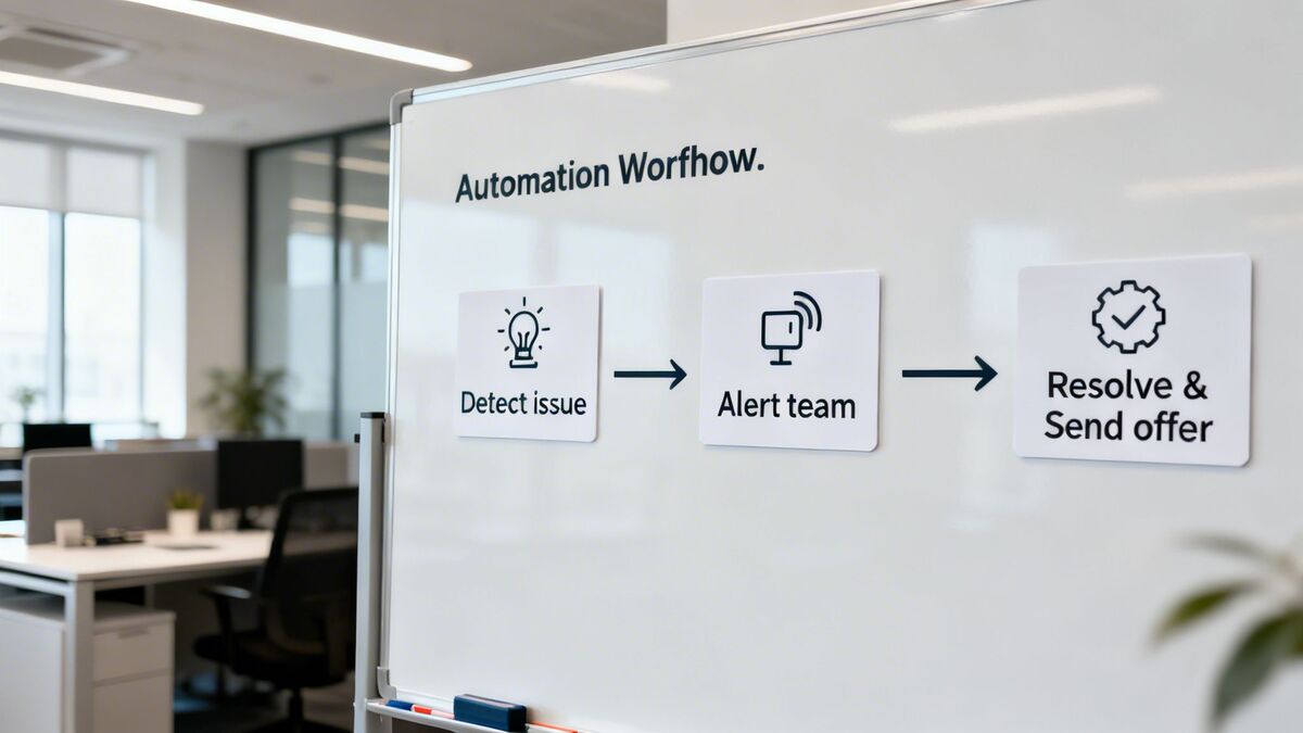 A whiteboard displays an automation workflow diagram with steps: Detect issue, Alert team, and Resolve & Send offer.