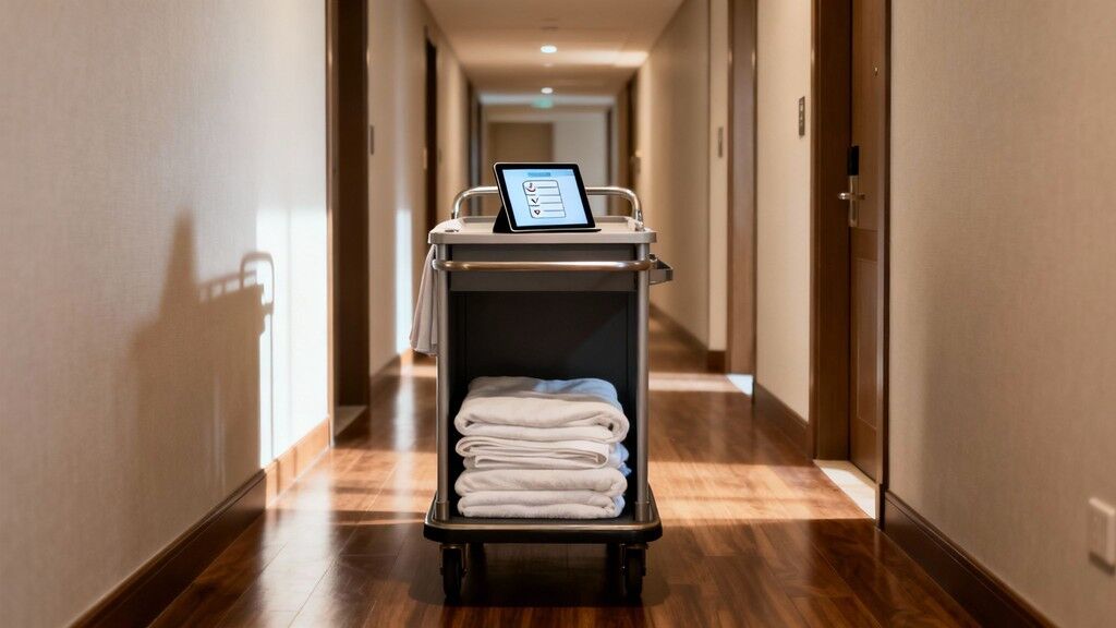 A hotel housekeeping cart with a tablet displaying a checklist and clean towels in a sunlit hallway.