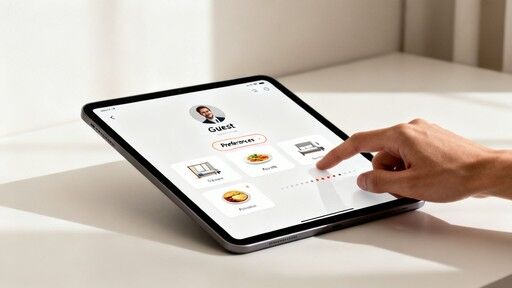 Close-up of a hand interacting with a tablet displaying user preferences for different room types and meals.