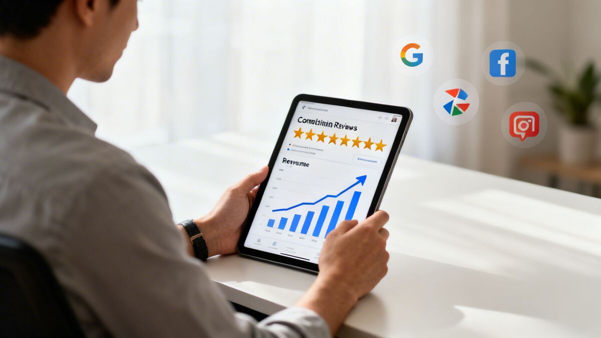 A person holds a tablet showing customer reviews and a revenue growth graph, surrounded by popular review platform logos.