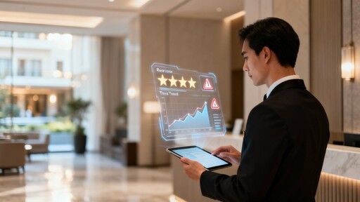 A man in suit holds a tablet with a holographic display showing hotel review ratings and trend data.