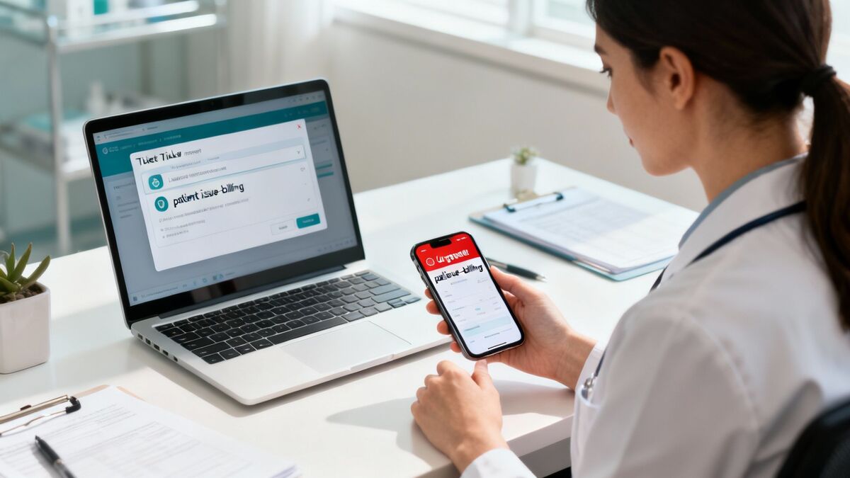 A healthcare manager on a laptop, looking at a dashboard that shows an automated workflow for resolving a negative patient review.