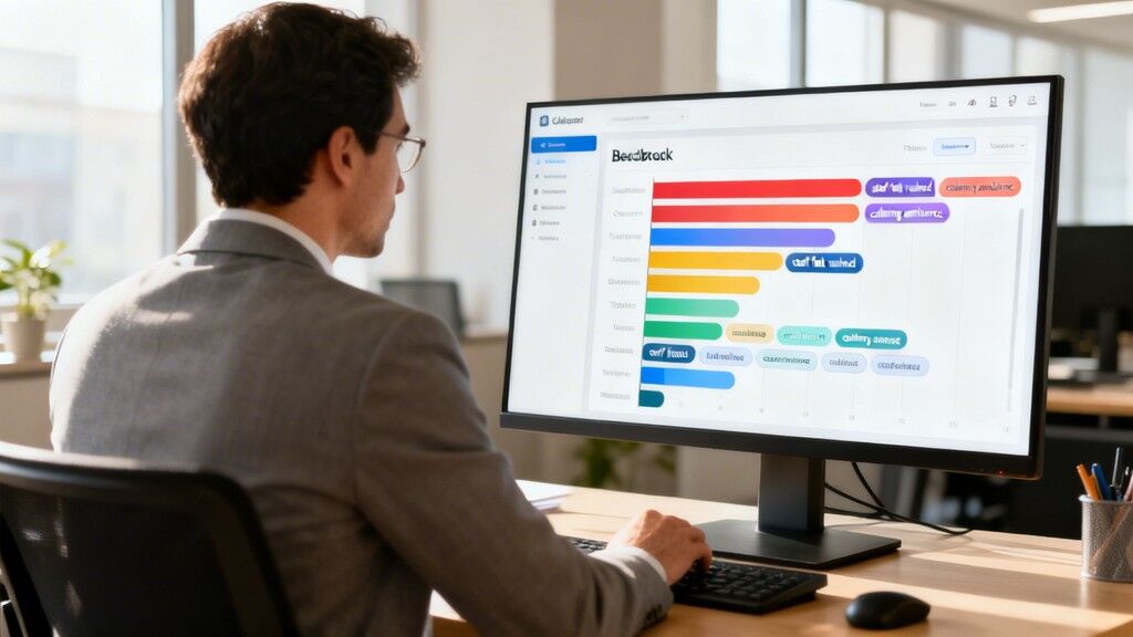 Professional man in an office suite focusing on data visualization on a desktop screen.
