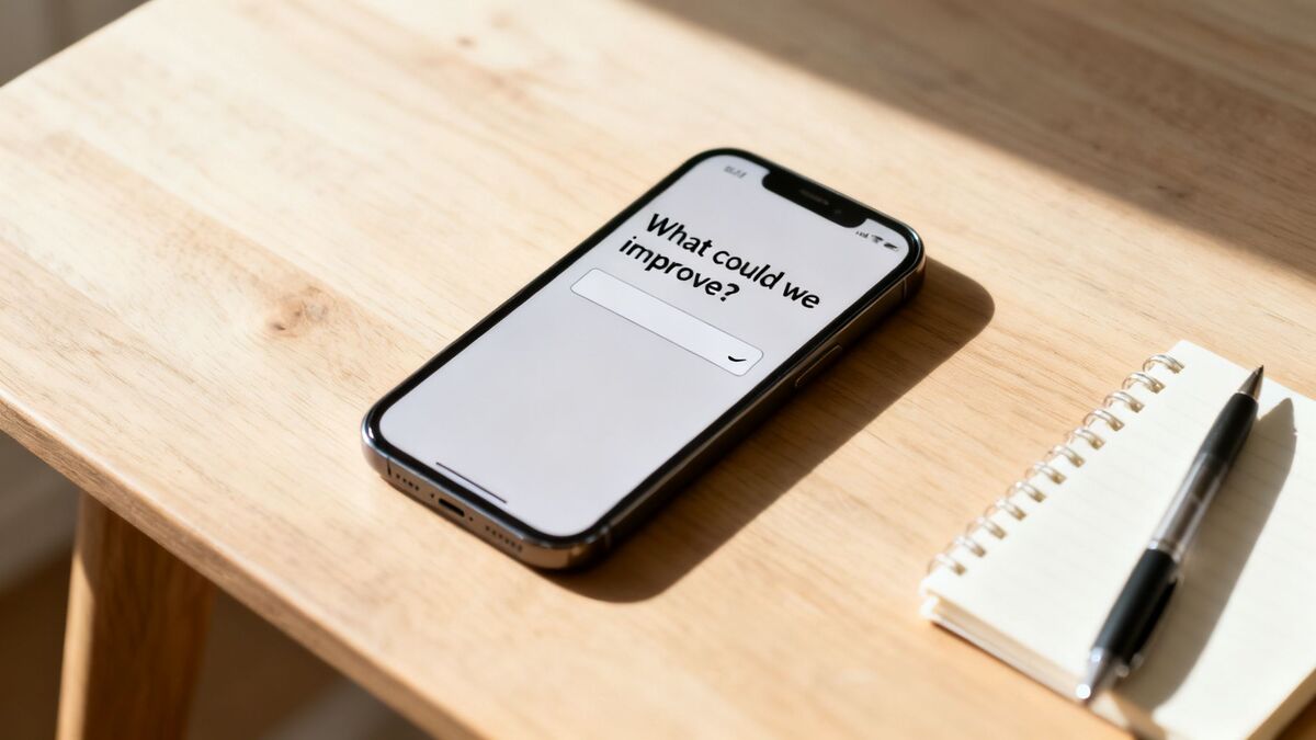A smartphone displaying a survey question 'What could we improve?' next to a notebook and pen on a wooden table.