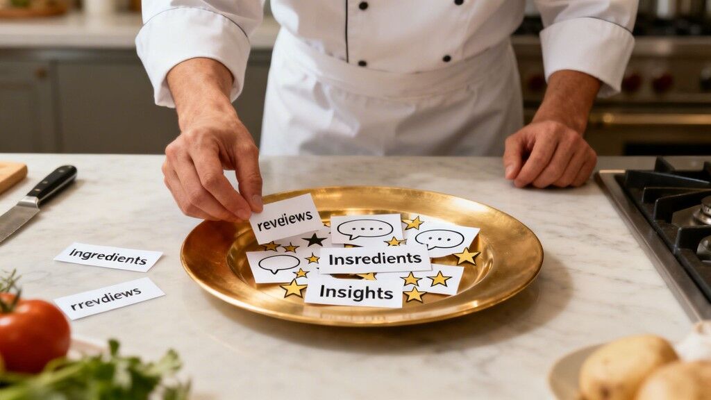 A chef organizes cards labeled 'reviews', 'ingredients', and 'insights' with stars on a golden plate.