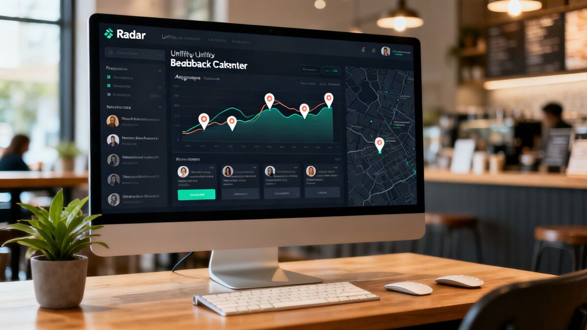 A desktop computer displaying a dark-themed data analytics dashboard with charts and a map in a cafe setting.