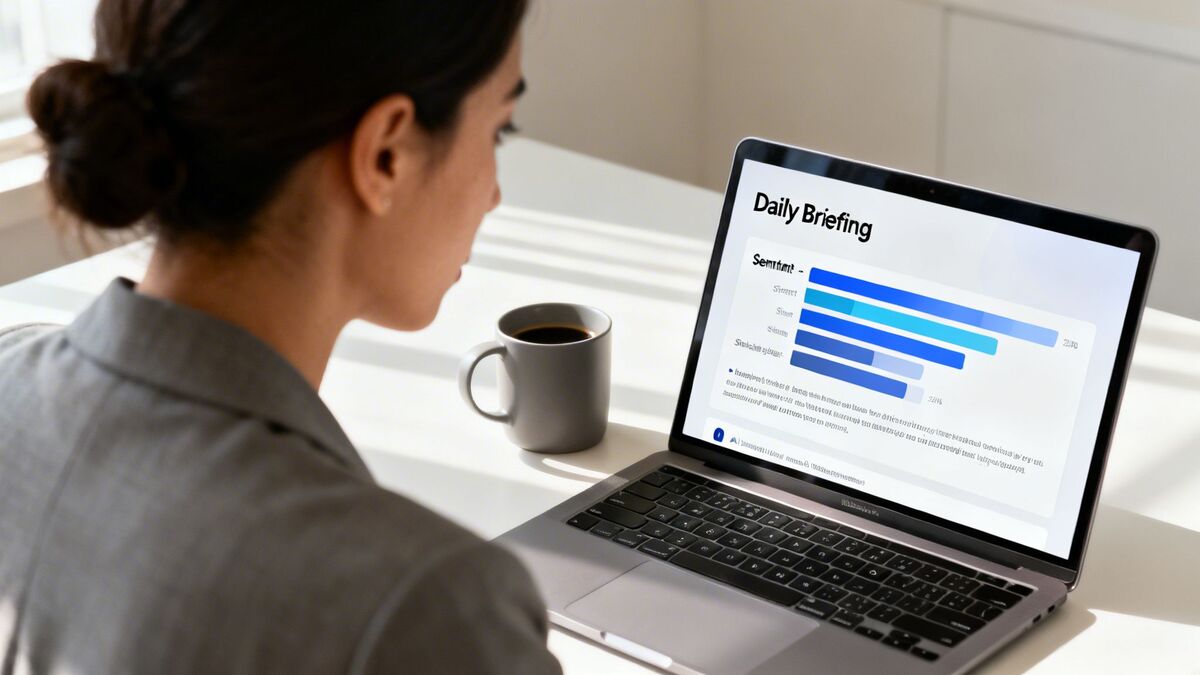 A woman reviews a daily briefing on her laptop, showing sentiment bar charts, with a coffee cup nearby.
