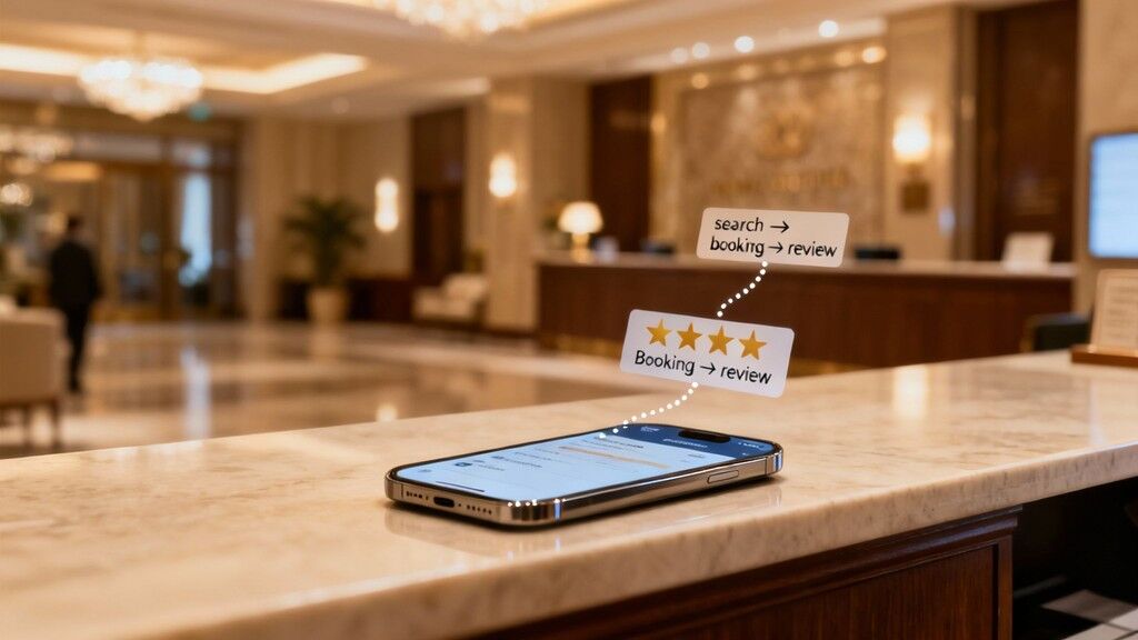 Smartphone on hotel counter displaying customer review process with star rating icons