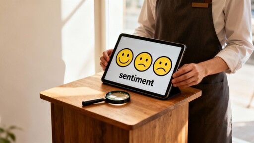 Close-up of a smartphone screen showing customer sentiment analysis icons and charts.
