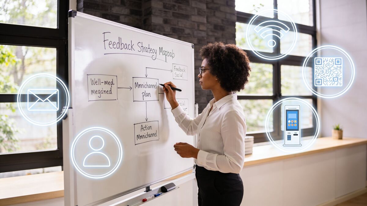 A professional woman writing a feedback strategy plan on a whiteboard in a modern office environment.
