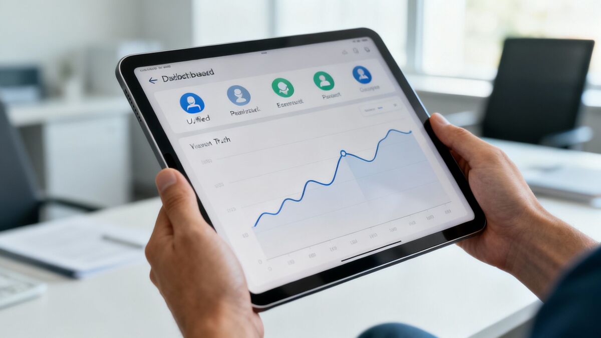 A clean, modern dashboard on a tablet displaying patient feedback analytics with charts and graphs.