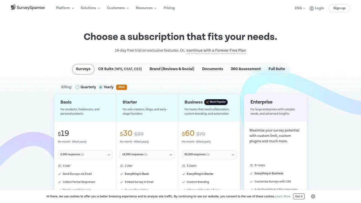 SurveySparrow pricing page showing different tiers and features