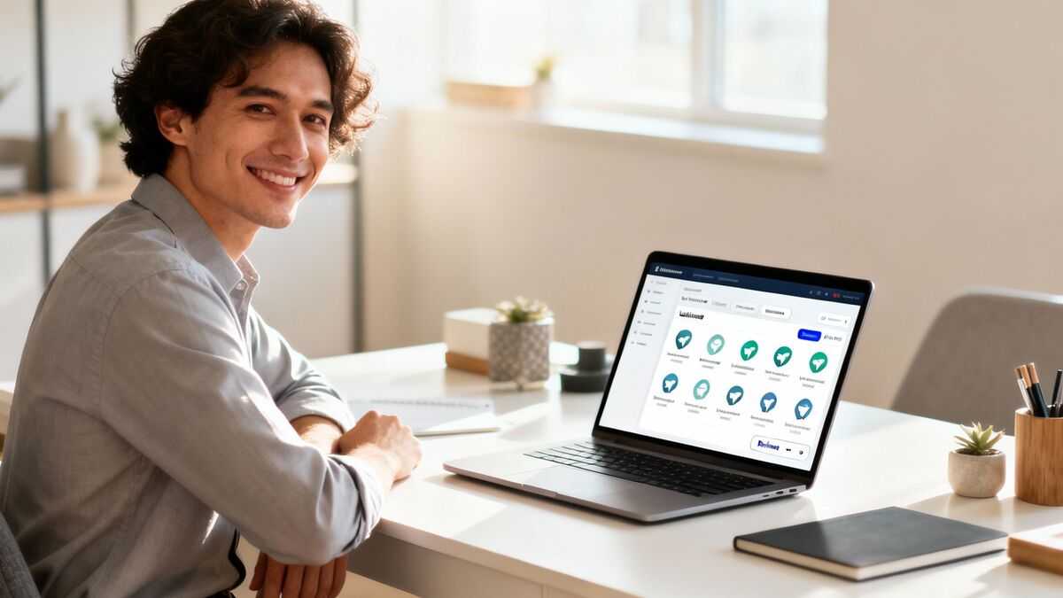 A smiling man sits at a bright desk, looking at the camera, with a laptop showing feedback collection software.