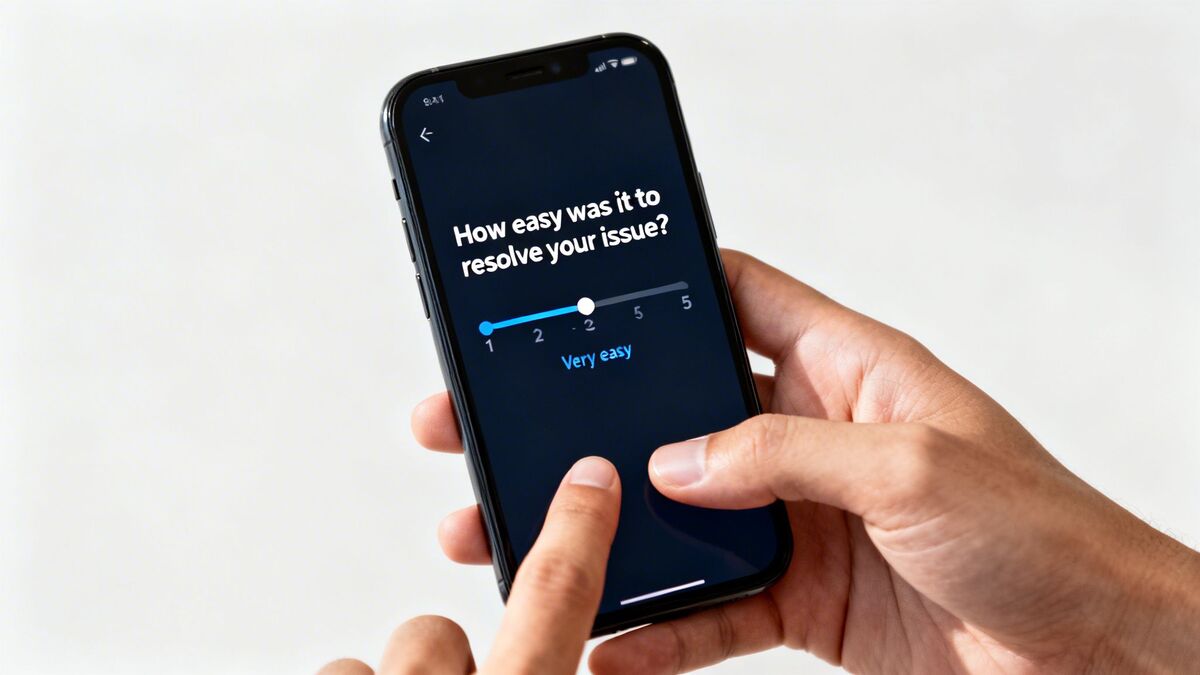A hand interacts with a smartphone displaying a customer service survey asking about issue resolution ease.