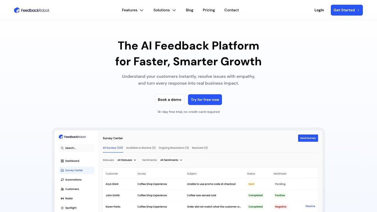 A dashboard view of FeedbackRobot showing customer feedback analysis and survey management tools for small businesses.