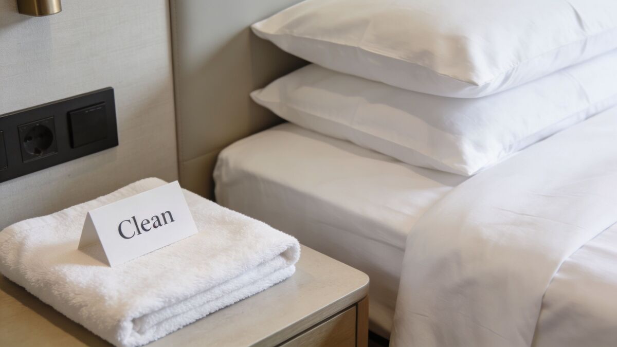 A clean white towel with a note saying Clean sits on a nightstand beside a hotel bed.