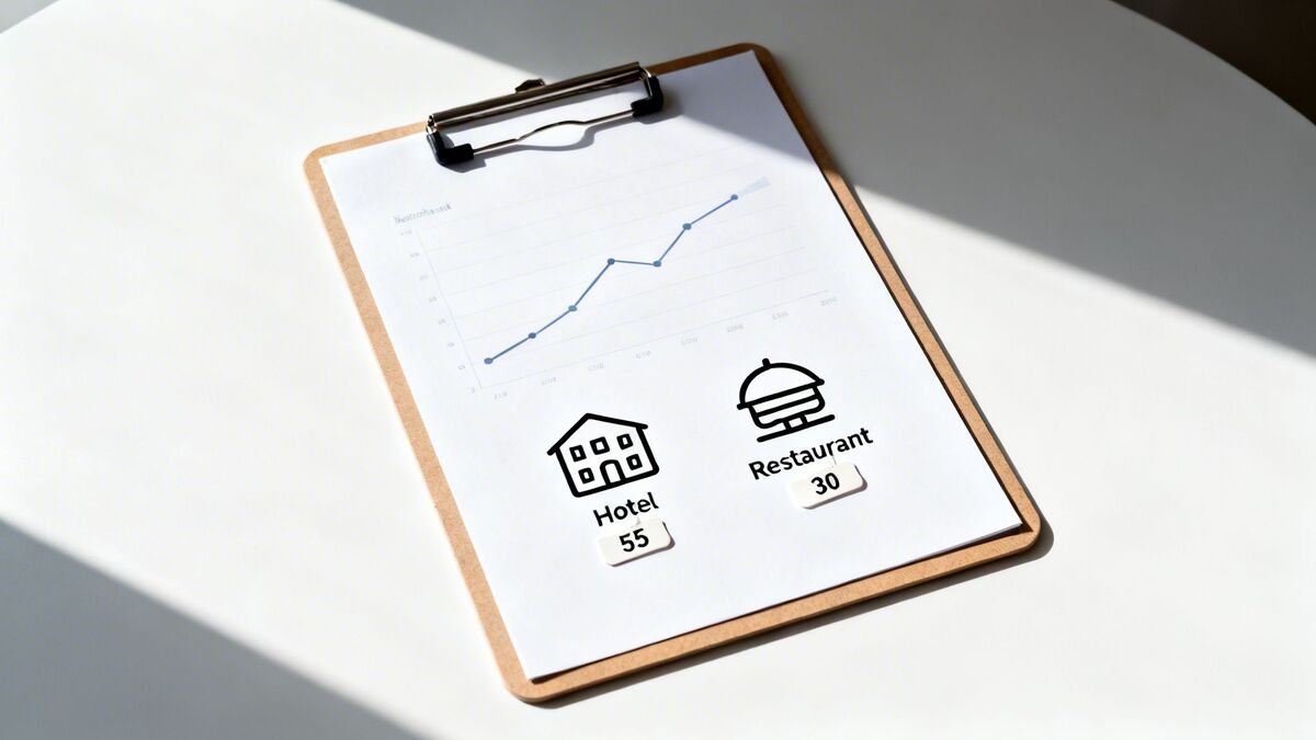 A clipboard on a white desk displays a line graph, showing hotel (55) and restaurant (30) statistics.