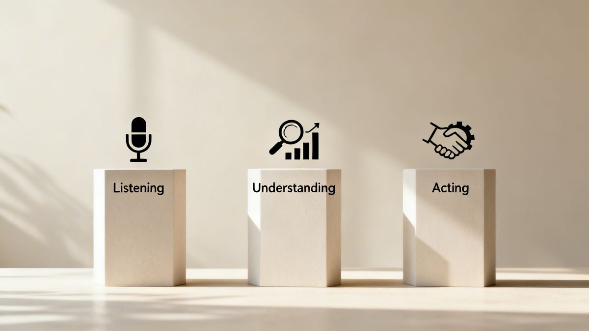 Three blocks representing a process: Listening (microphone), Understanding (magnifying glass with chart), and Acting (handshake with gear).