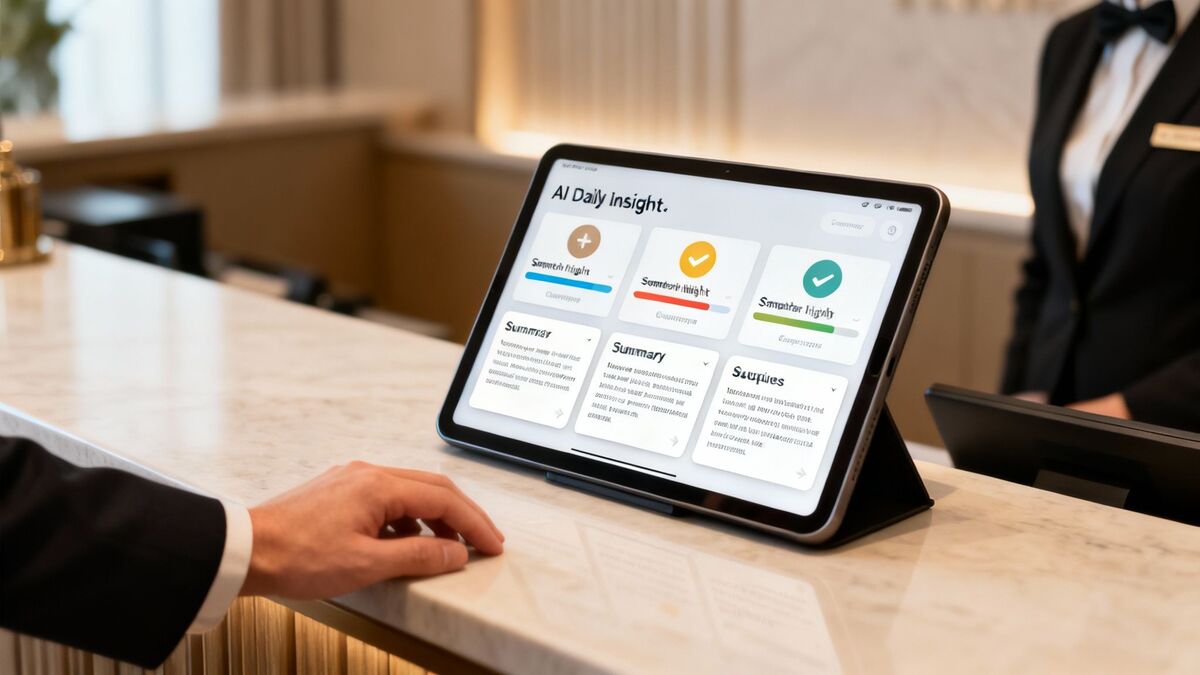 A person views an 'AI Daily Insight' dashboard on a tablet at a hotel reception.