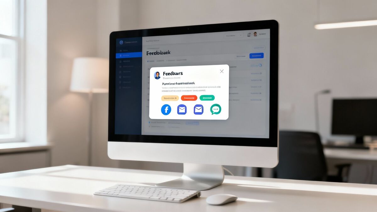 Desktop computer showing a customer feedback pop-up with social sharing and email options in an office.