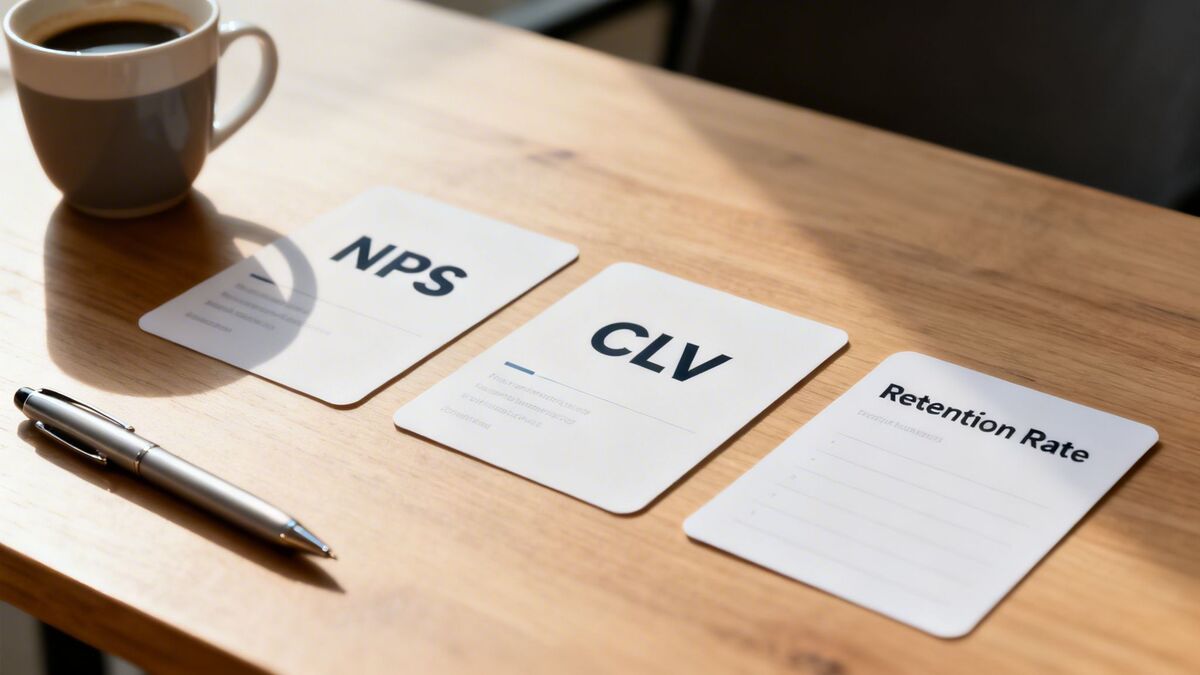 Three cards displaying NPS, CLV, and Retention Rate metrics on a wooden desk with coffee and a pen.