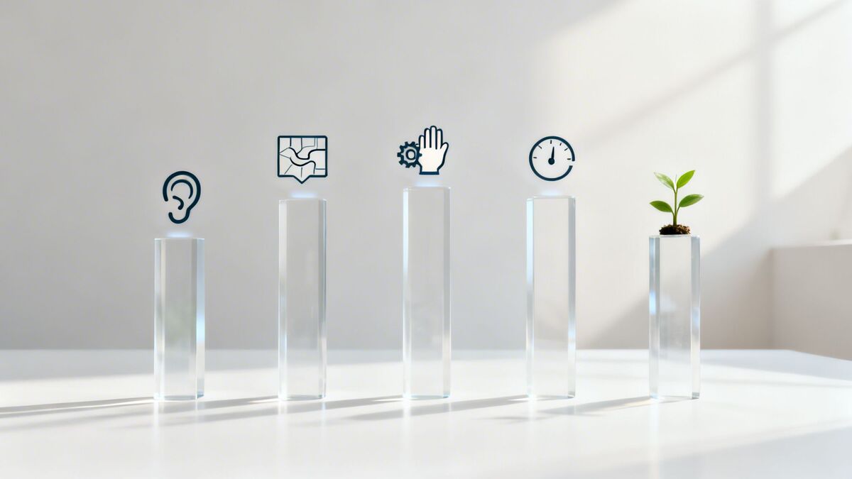 Icons representing listening, understanding, action, and speed on pillars, followed by a plant, symbolizing strategic growth.