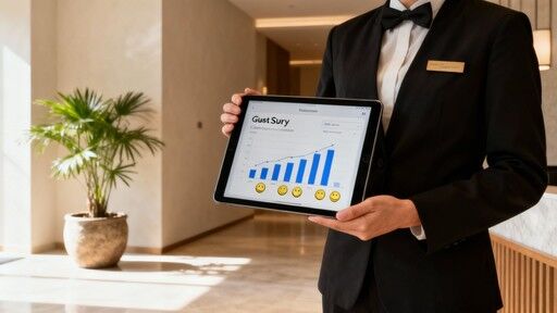 A group of diverse people collaborating around a table filled with charts and data visualizations, representing survey data analysis in a hospitality setting.