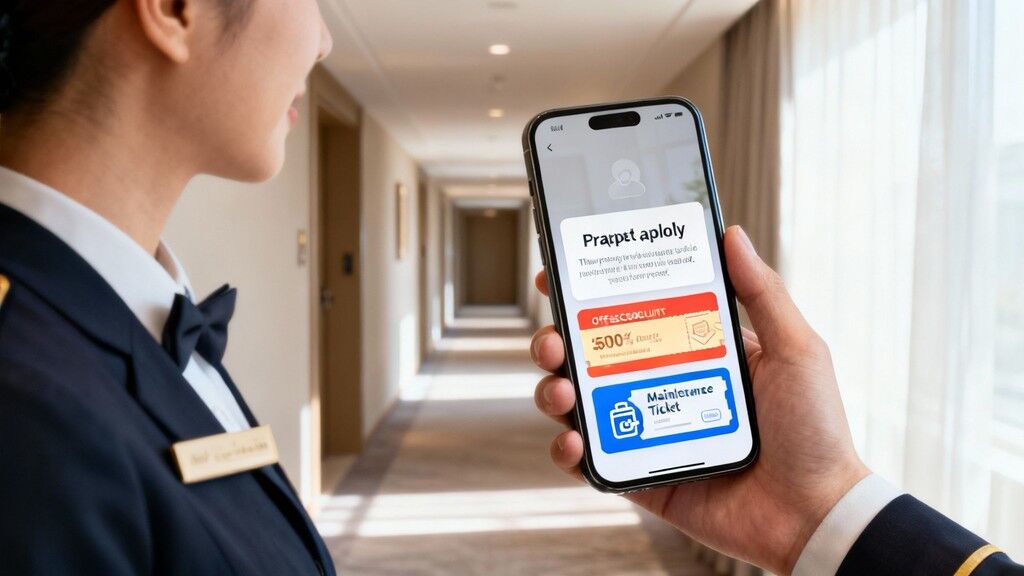 Hotel staff member looking at a smartphone displaying a hotel app with booking details, discounts, and a maintenance ticket.