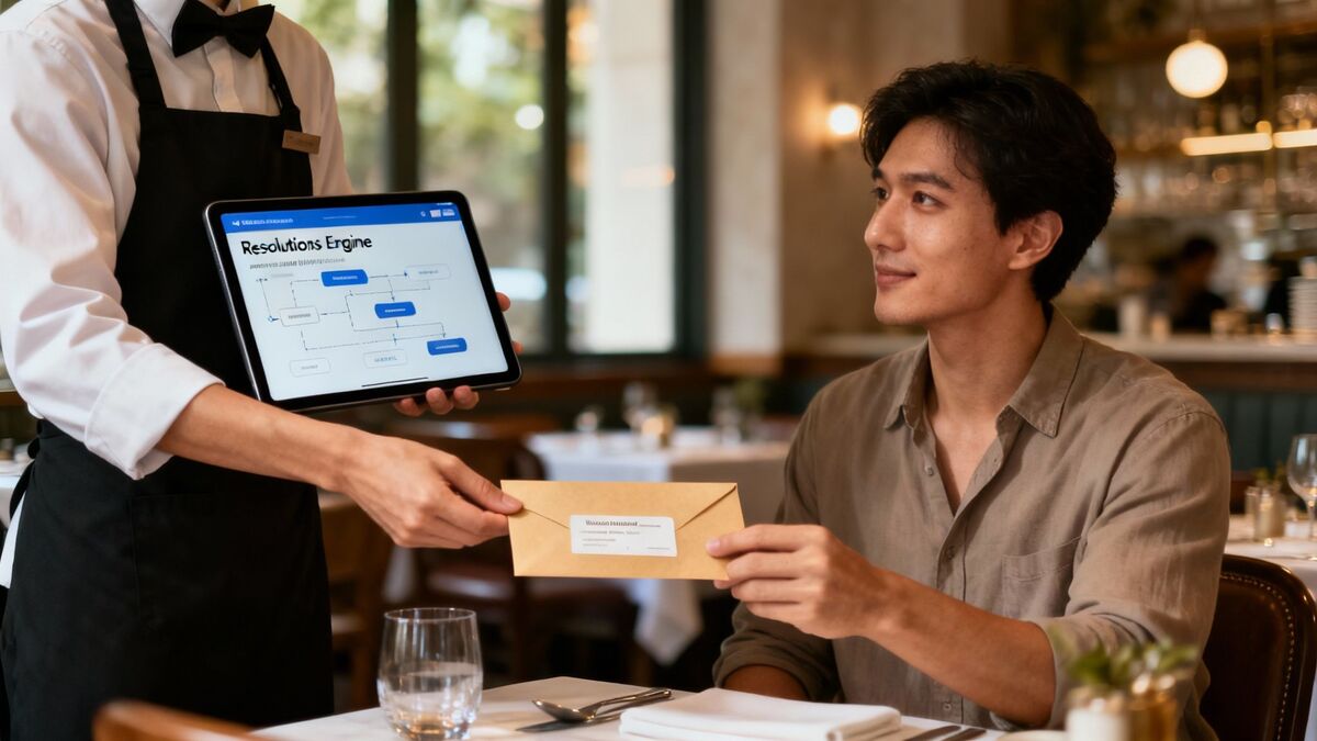 A manager empathetically listening to a customer's feedback in a cafe setting, symbolizing effective service recovery.