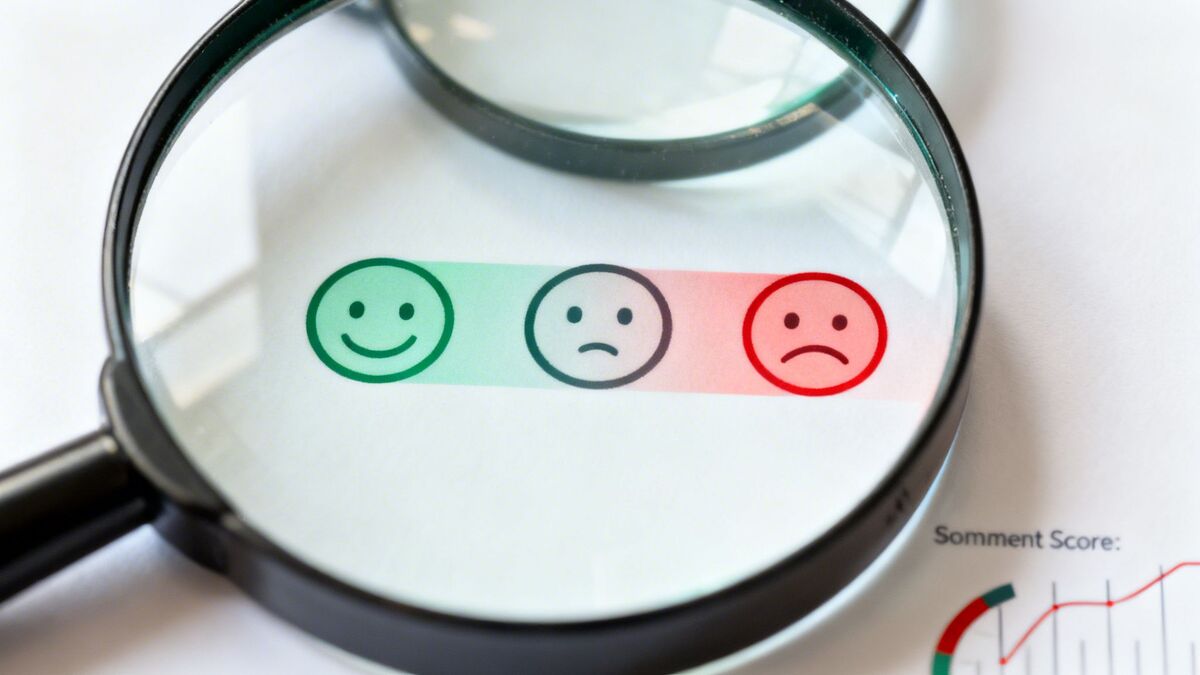 A magnifying glass highlights a customer feedback scale with happy, neutral, and unhappy faces.