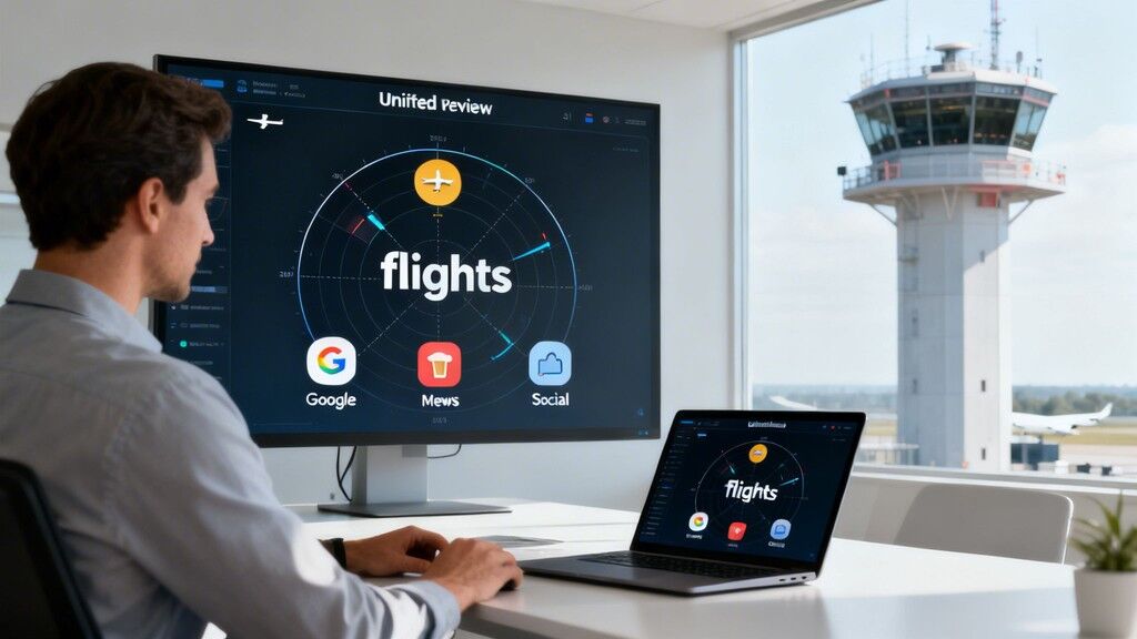 A man analyzes flight data on computer screens in a modern airport office.