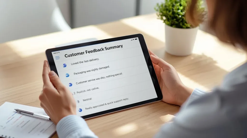 Person reviewing customer feedback summary with AI sentiment analysis on tablet
