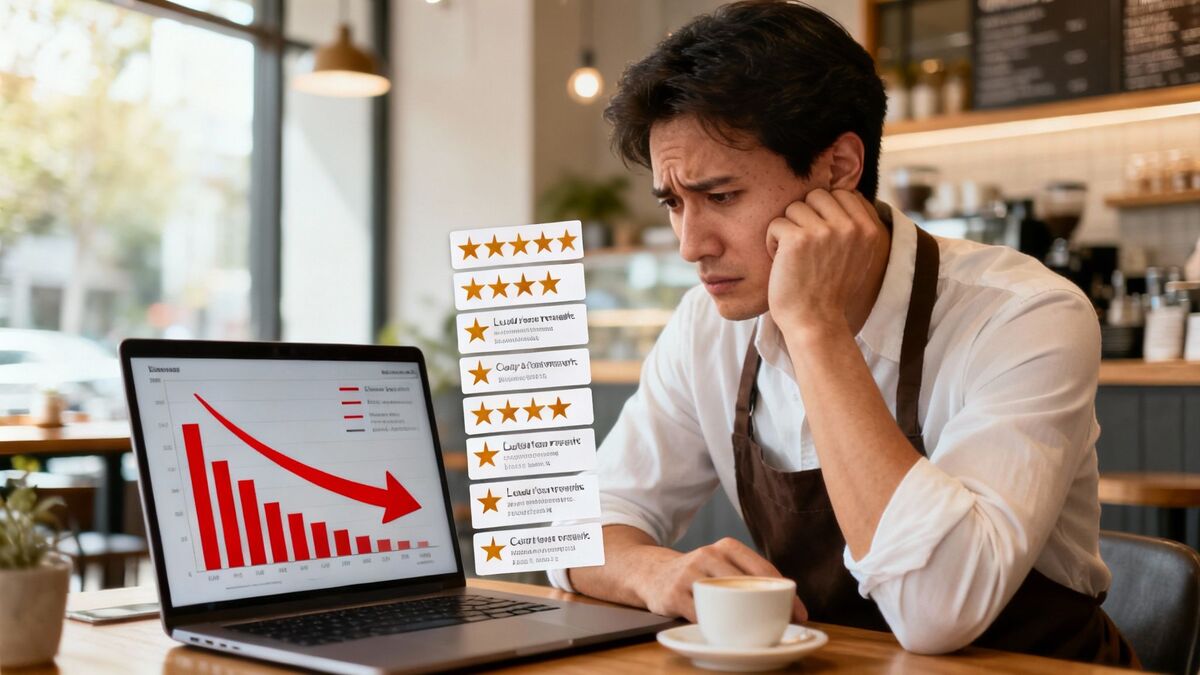 Worried barista looks at a laptop displaying declining sales and negative customer reviews.