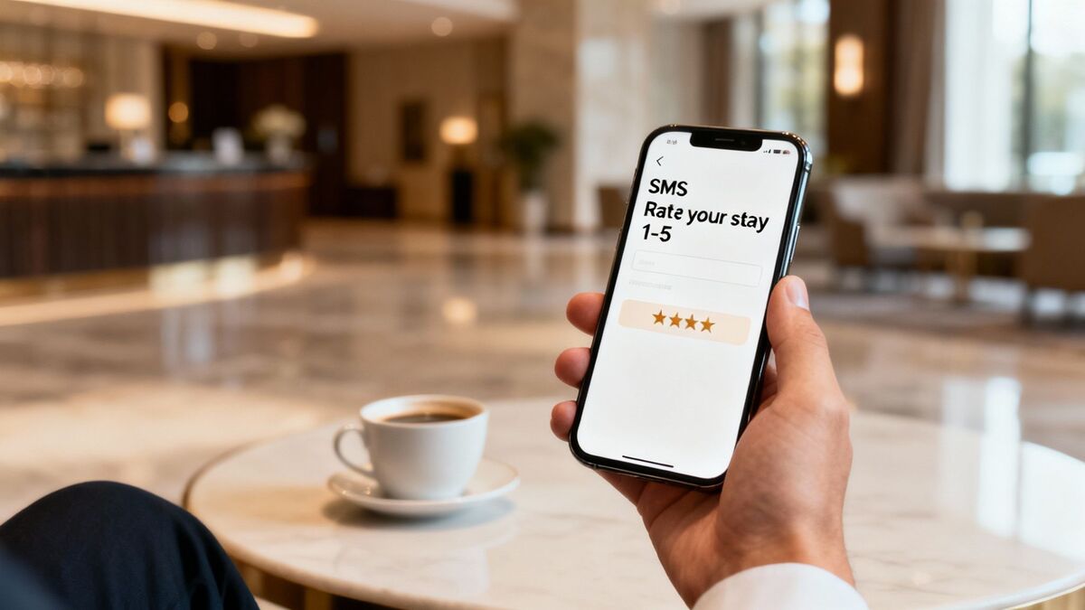 Guest holding smartphone displaying SMS hotel rating survey in modern hotel lobby with coffee