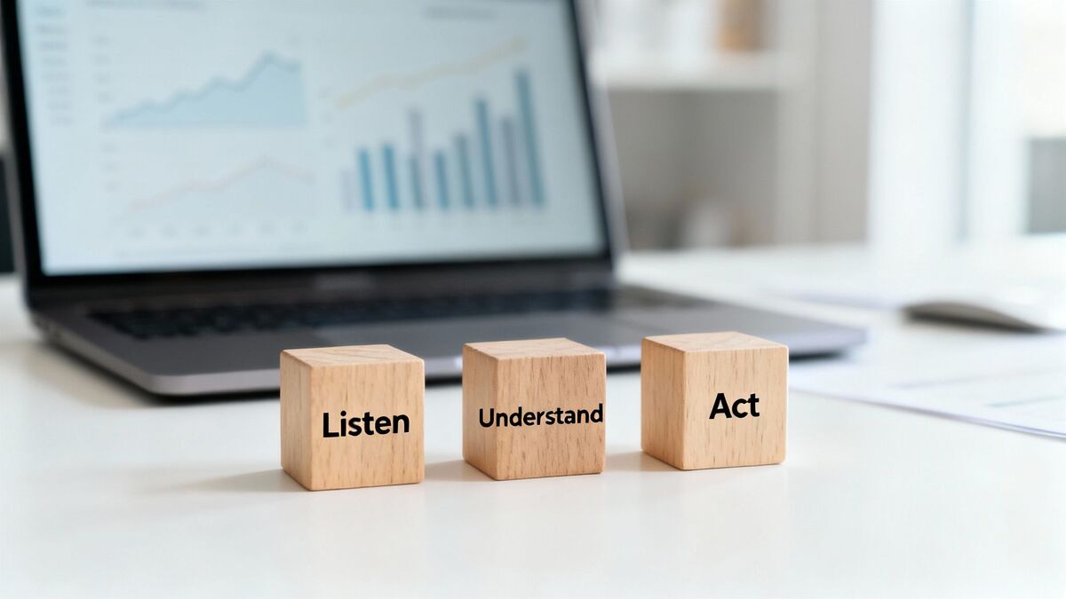 Three wooden blocks displaying Listen, Understand, Act representing customer engagement process on office desk