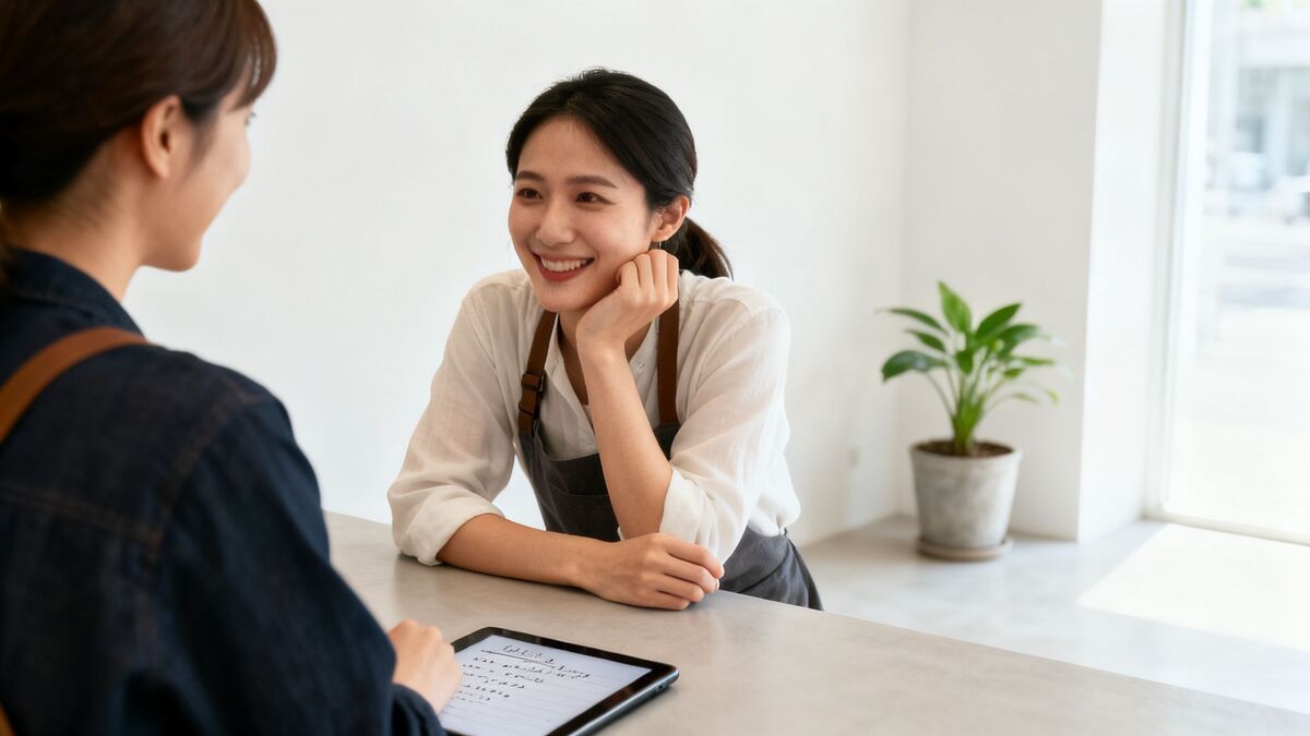Two smiling women at a bright cafe counter, one interacting with a customer, showing good service.