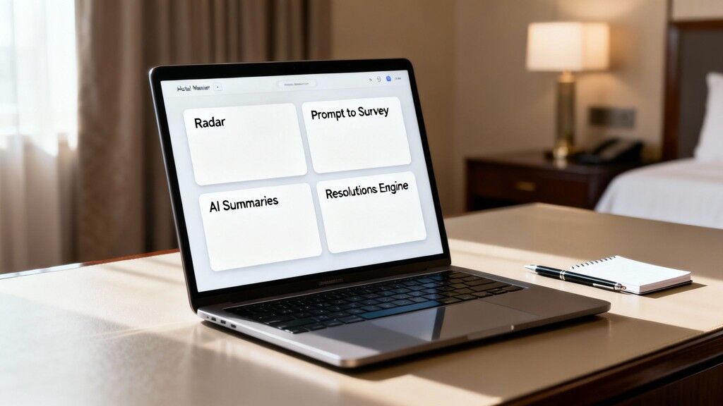 Laptop on a hotel desk showing a customer feedback system with Radar, AI Summaries, and Resolutions Engine.